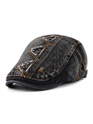 Collrown Men Denim Distressed Frayed Breathable Sunshade Short Brim Casual Vintage Forward Hats Beret Flat Caps