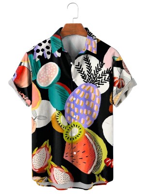 Men's Summer Fruit Printed Lapel Short Sleeve Shirt 57957189M