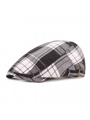 Men Cotton Plaid Pattern Sunshade Short Brim Casual Vintage Forward Hats Beret Flat Caps